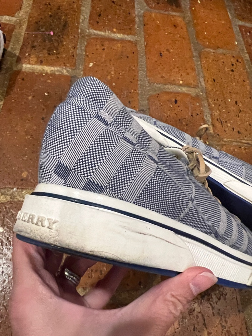 Burberry Unisex Blue Check Canvas Sneakers with Tan Laces - Picture 8 of 13